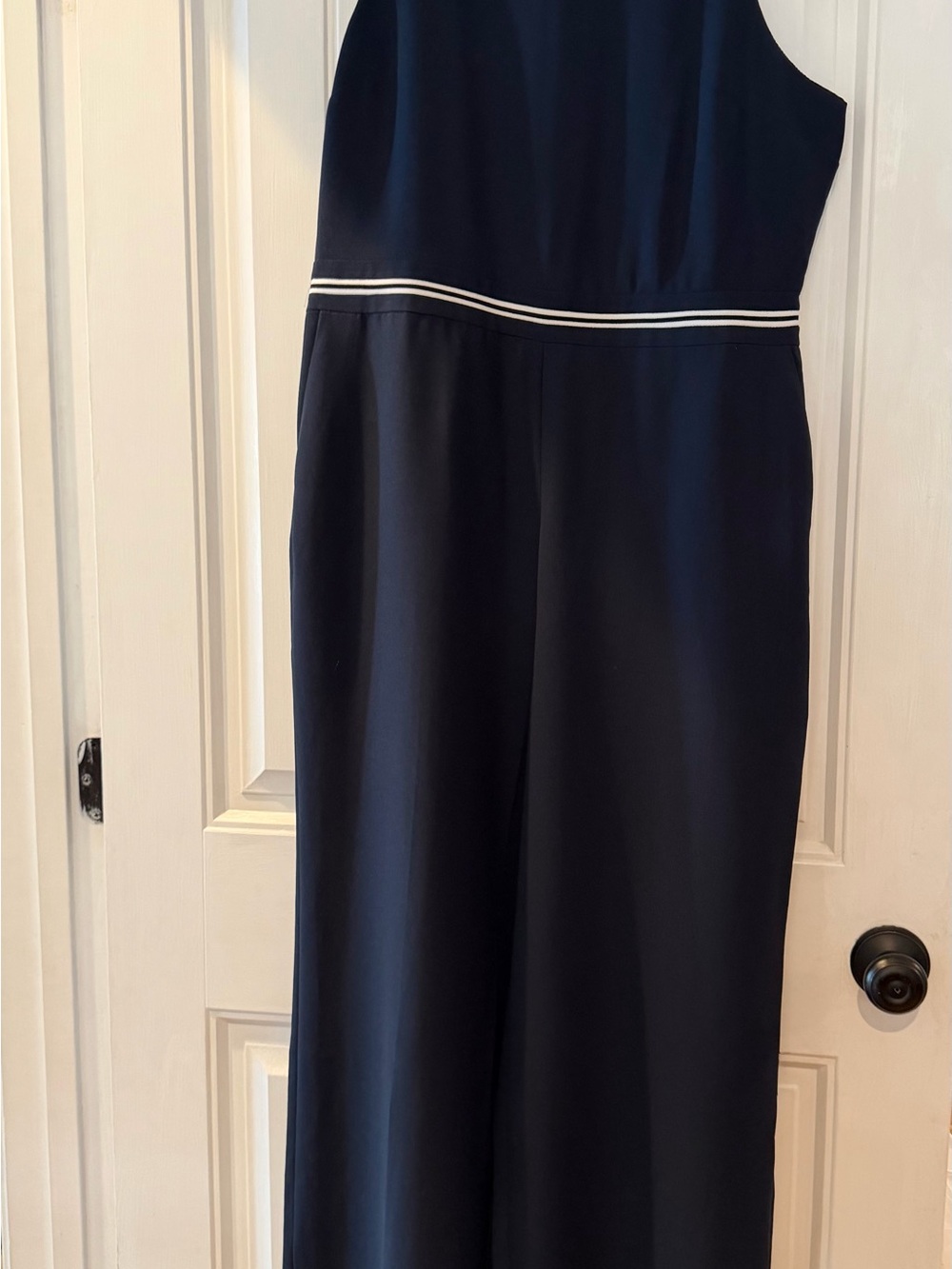 Banana Republic Navy Sleeveless Wide-Leg Jumpsuit with White Striped Waist